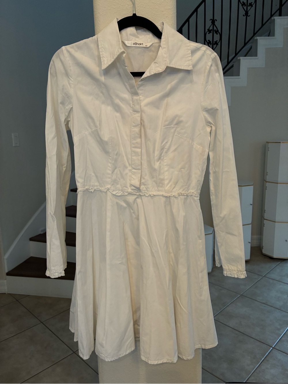eshakti White Long-Sleeve Collared Shirt Dress